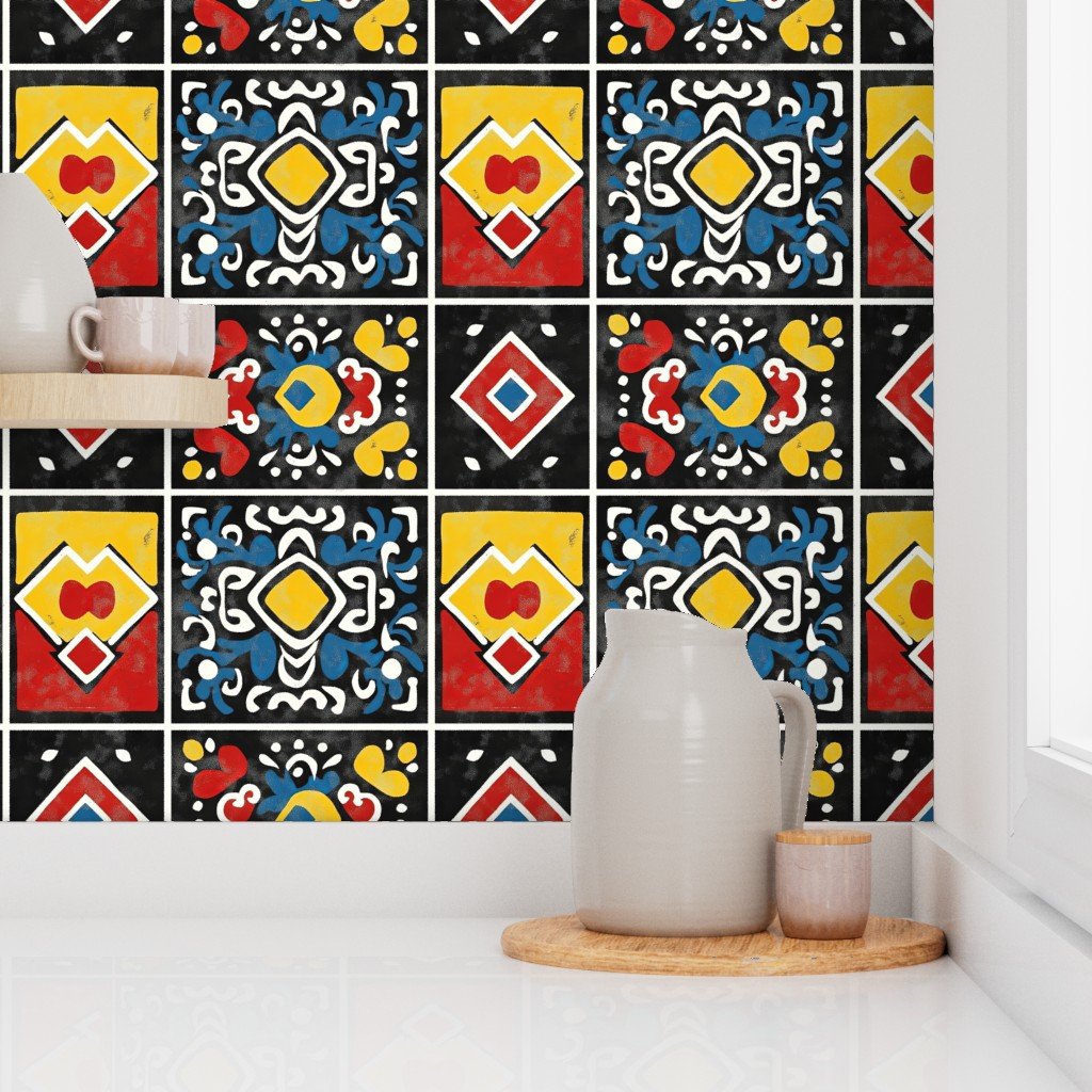Dashiki Fusion Bold Geometric Yellow Red and Blue on Black Wallpaper
