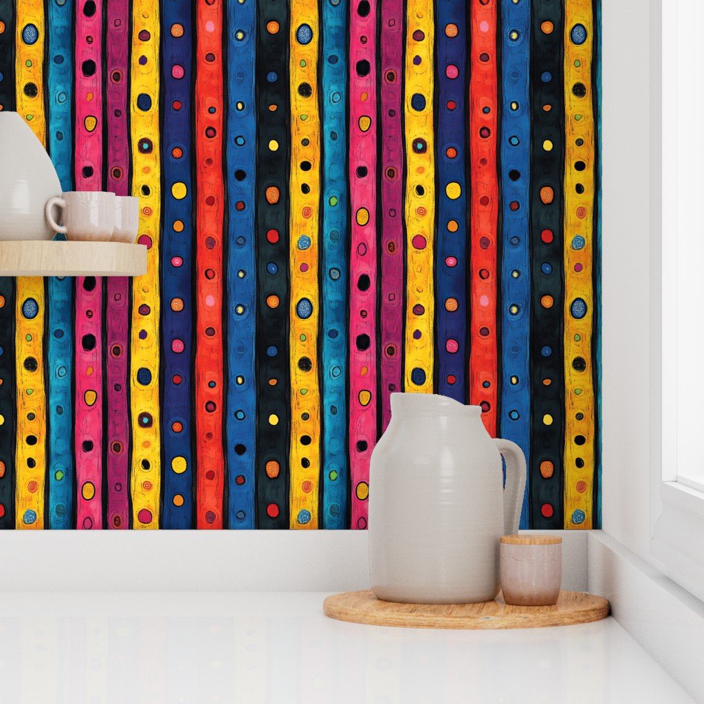 Dashiki Fusion Colorful Dots Yellow Red and Blue Stripes Wallpaper