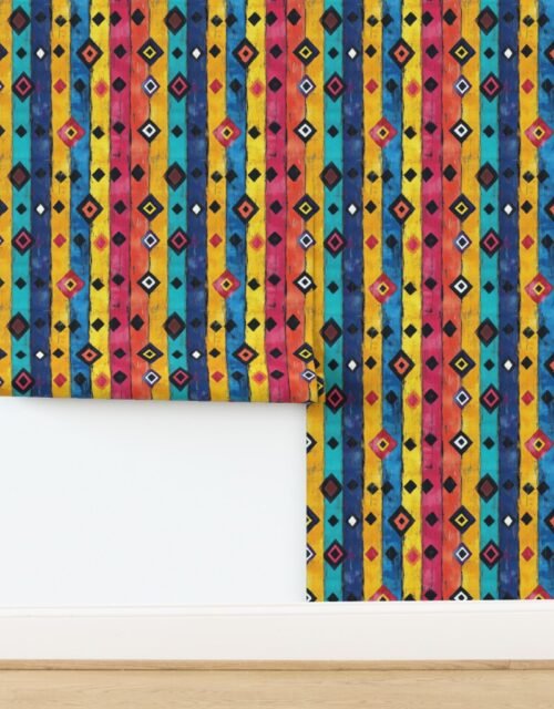 Dashiki Fusion Bold Diamonds Yellow Blue and Pink Stripes Wallpaper