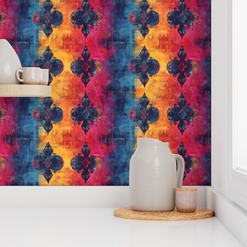 Dashiki Fusion Floral Motif Yellow Blue and Pink Wallpaper