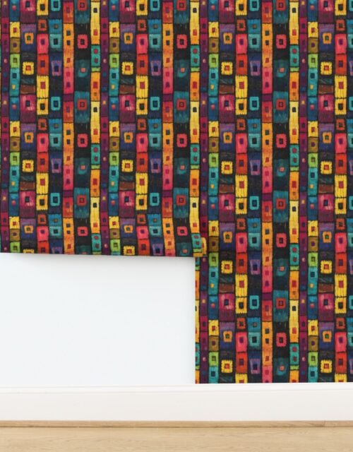 Dashiki Fusion Bold Squares Yellow Pink and Blue Wallpaper