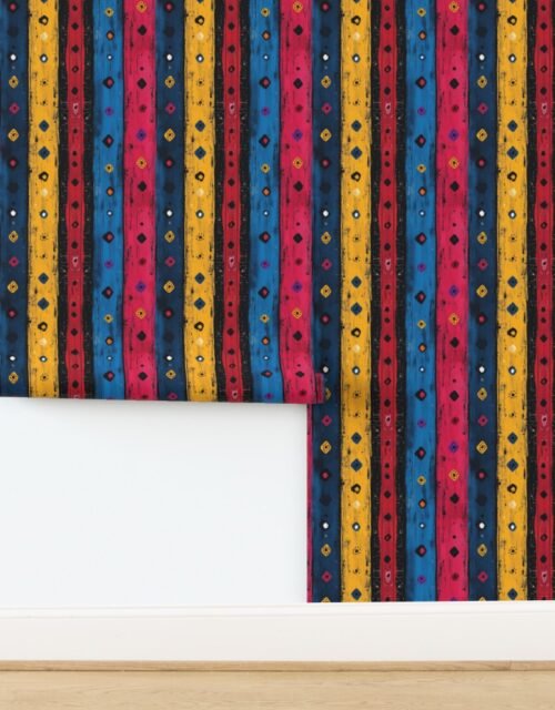 Dashiki Fusion Colorful Diamonds and Stripes Yellow Red and Blue Wallpaper
