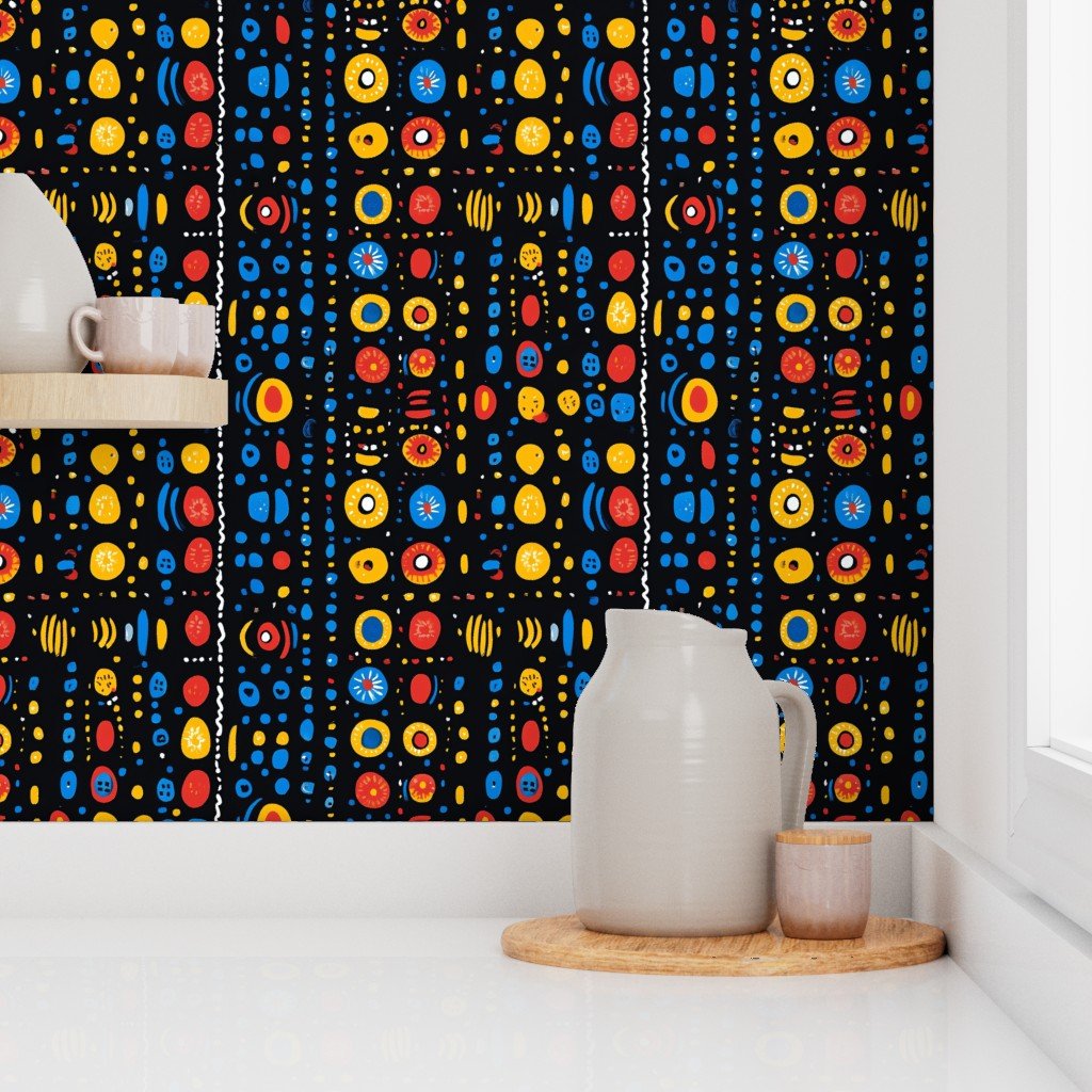 Dashiki Fusion Colorful Dots and Circles Yellow Red and Blue Wallpaper