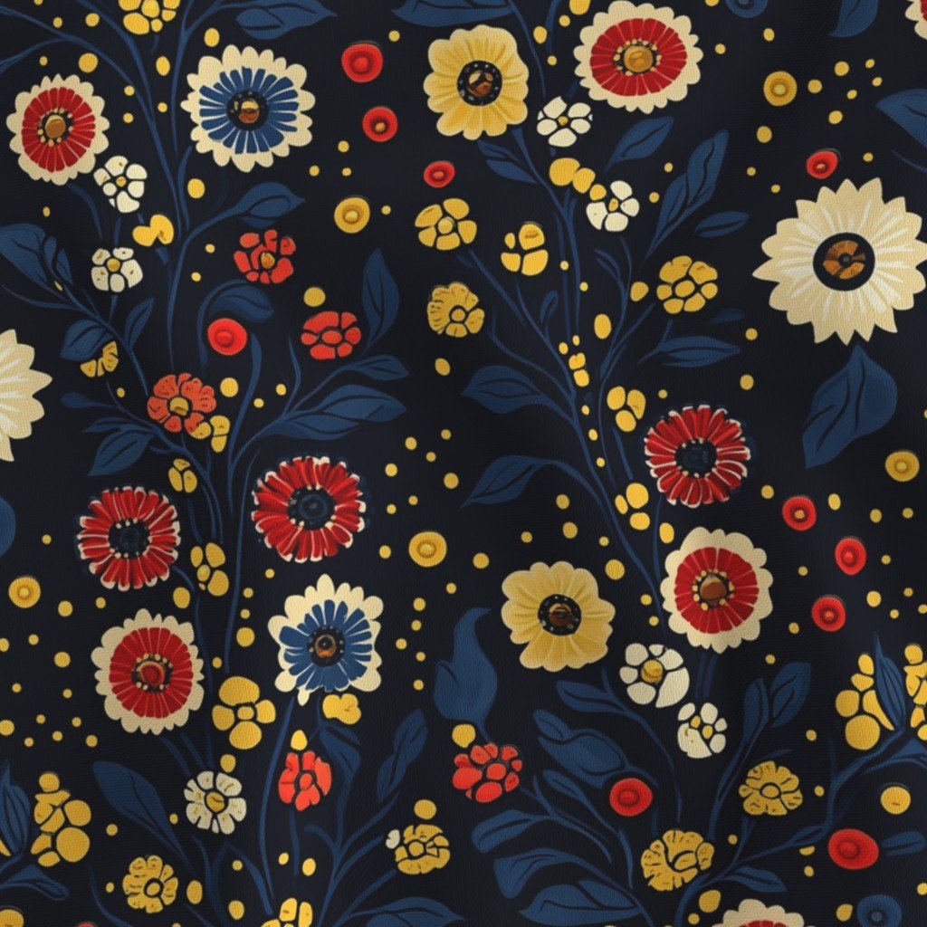 Dashiki Fusion Floral Blooms Yellow Red and Blue on Dark Background