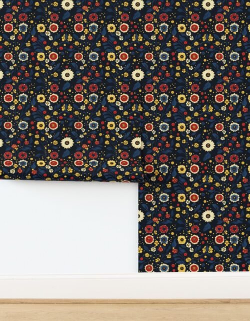 Dashiki Fusion Floral Blooms Yellow Red and Blue on Dark Background Wallpaper