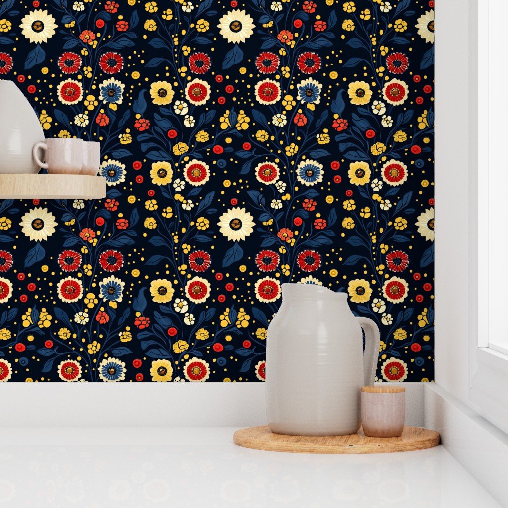 Dashiki Fusion Floral Blooms Yellow Red and Blue on Dark Background Wallpaper