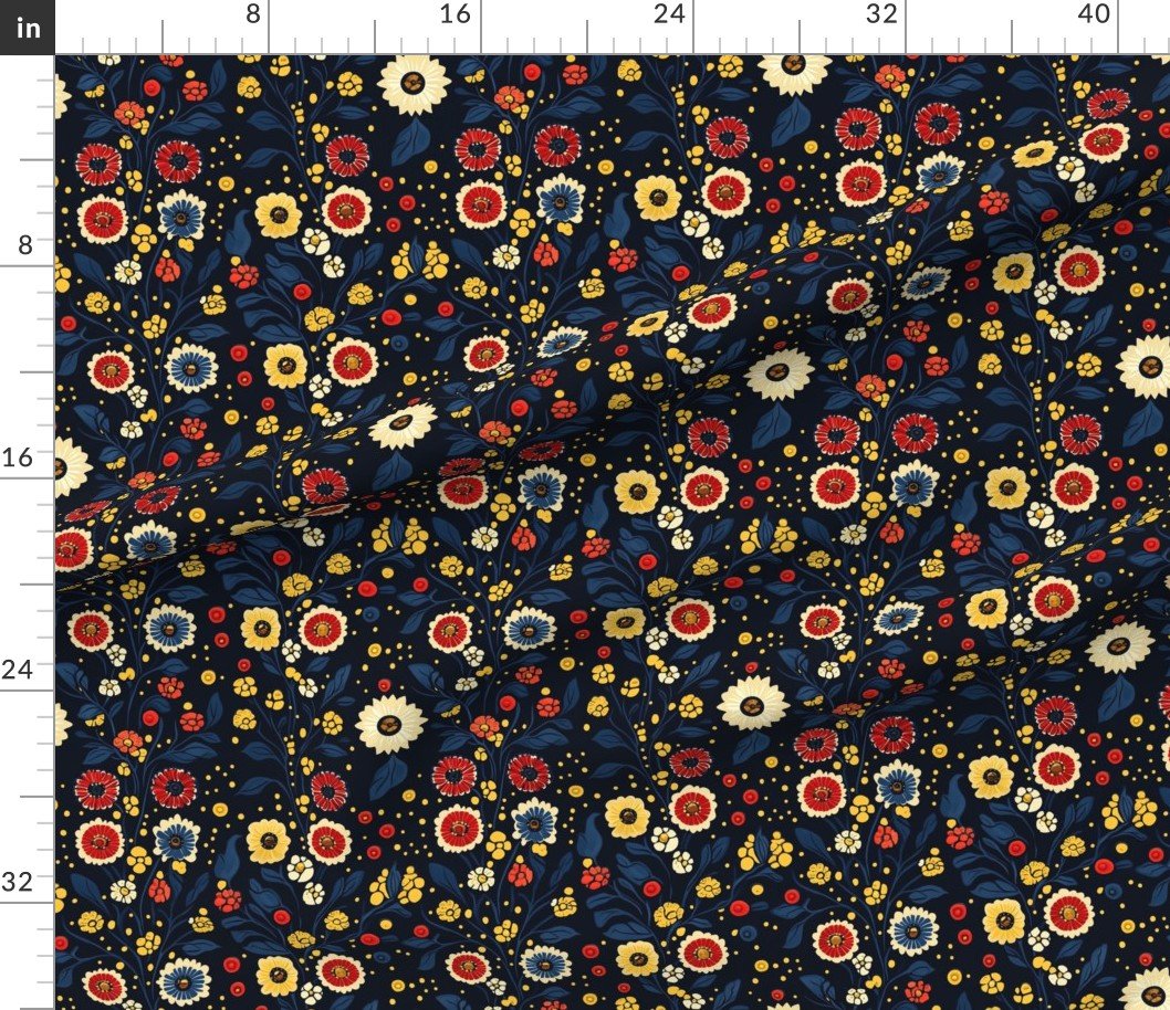 Fabric in Dashiki Fusion Floral Blooms Yellow Red and Blue on Dark Background Fabric Fabric in Dashiki Fusion Floral Blooms Yellow Red and Blue on Dark Background Fabric