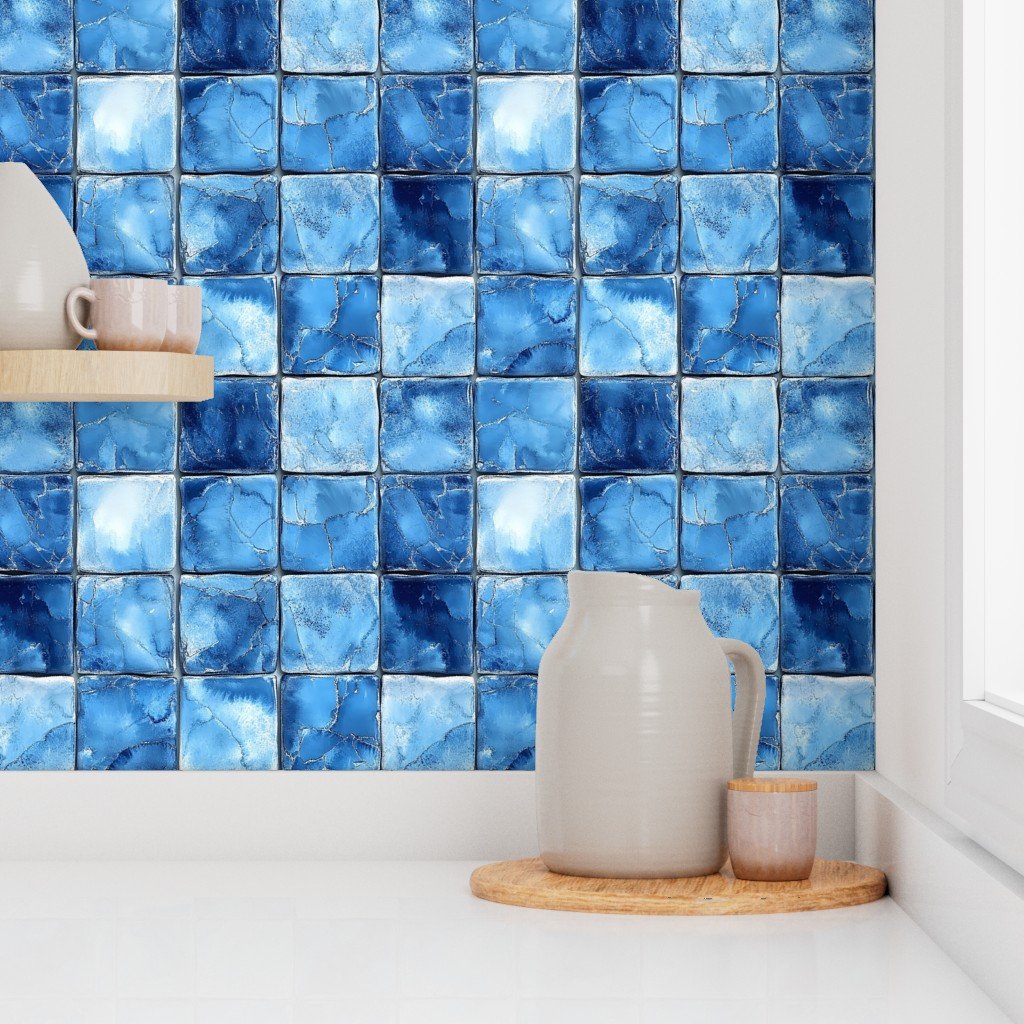 4 inch Blue Mosaic Tiles with Watercolor Effect for Pool or Bathroom Wallpaper