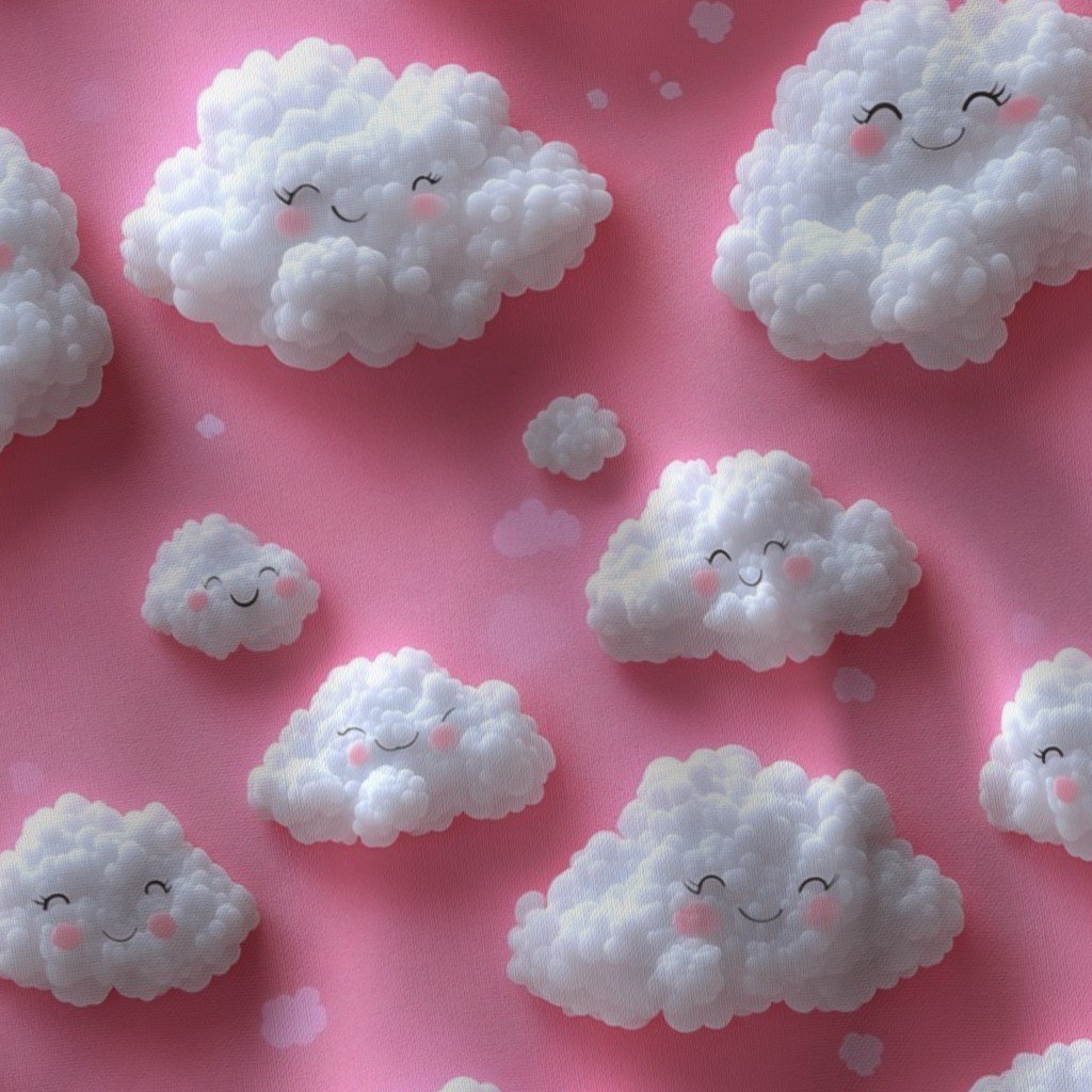 Fluffy Happy Clouds on Soft Pink Background for Kids Room Decor