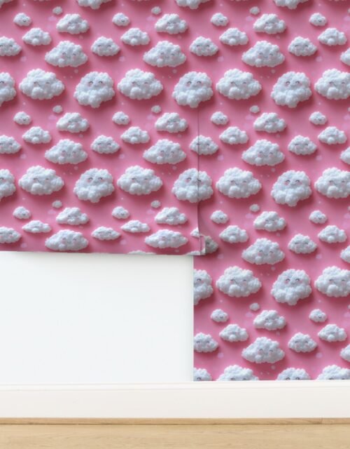 Fluffy Happy Clouds on Soft Pink Background for Kids Room Decor Wallpaper