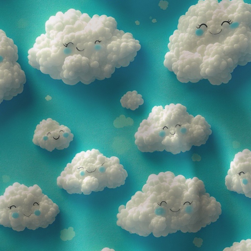 Fluffy Happy Clouds on Bright Teal Background for Kids Room Decor