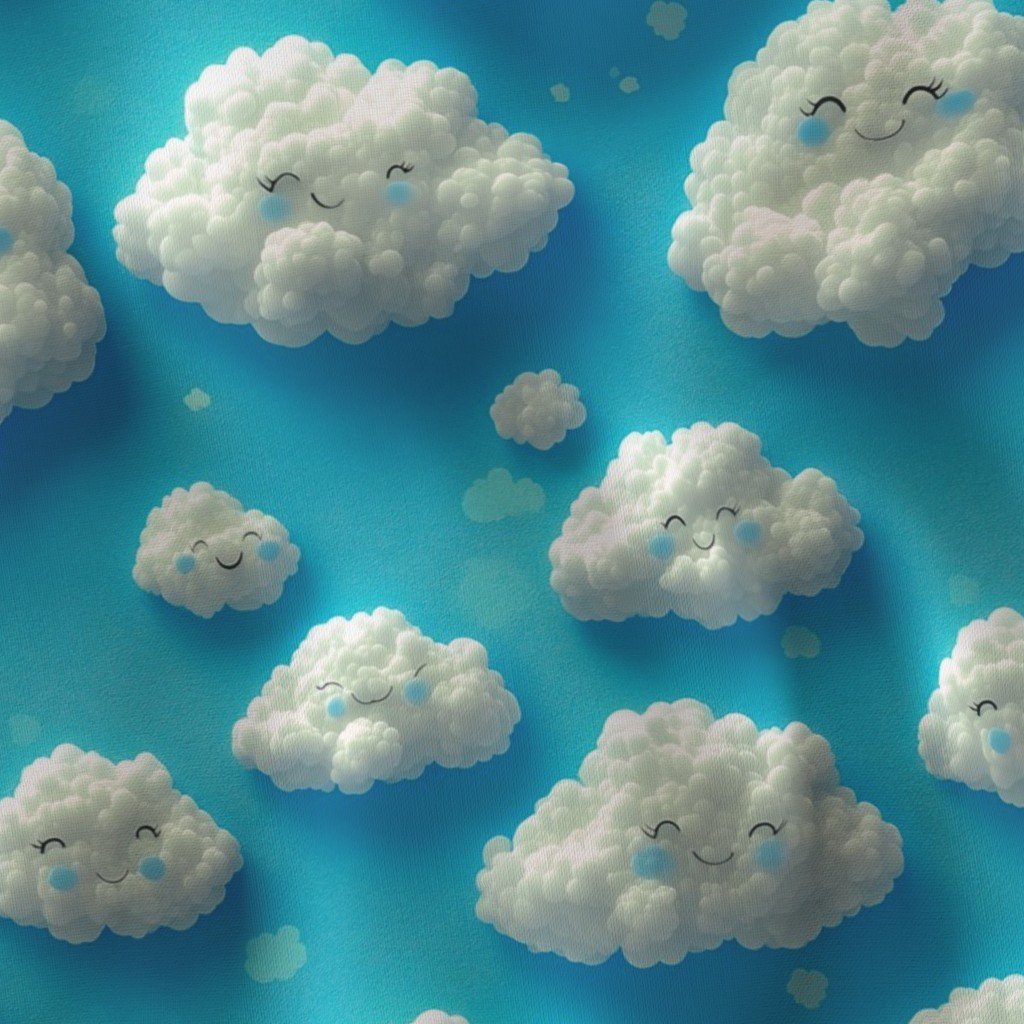 Fluffy Happy Clouds on Sky Blue Background for Kids Room Decor