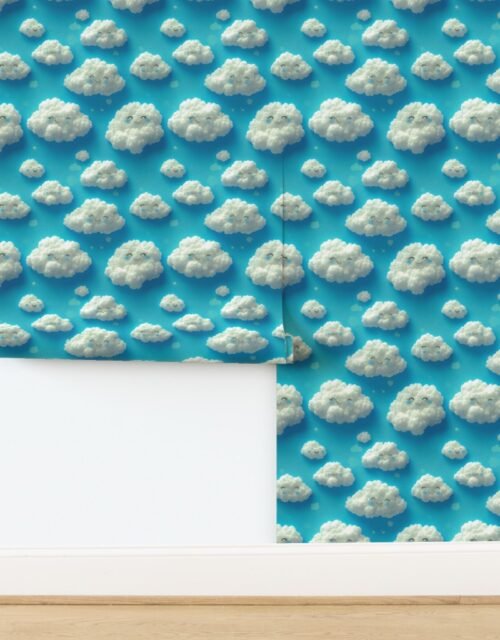 Fluffy Happy Clouds on Sky Blue Background for Kids Room Decor Wallpaper