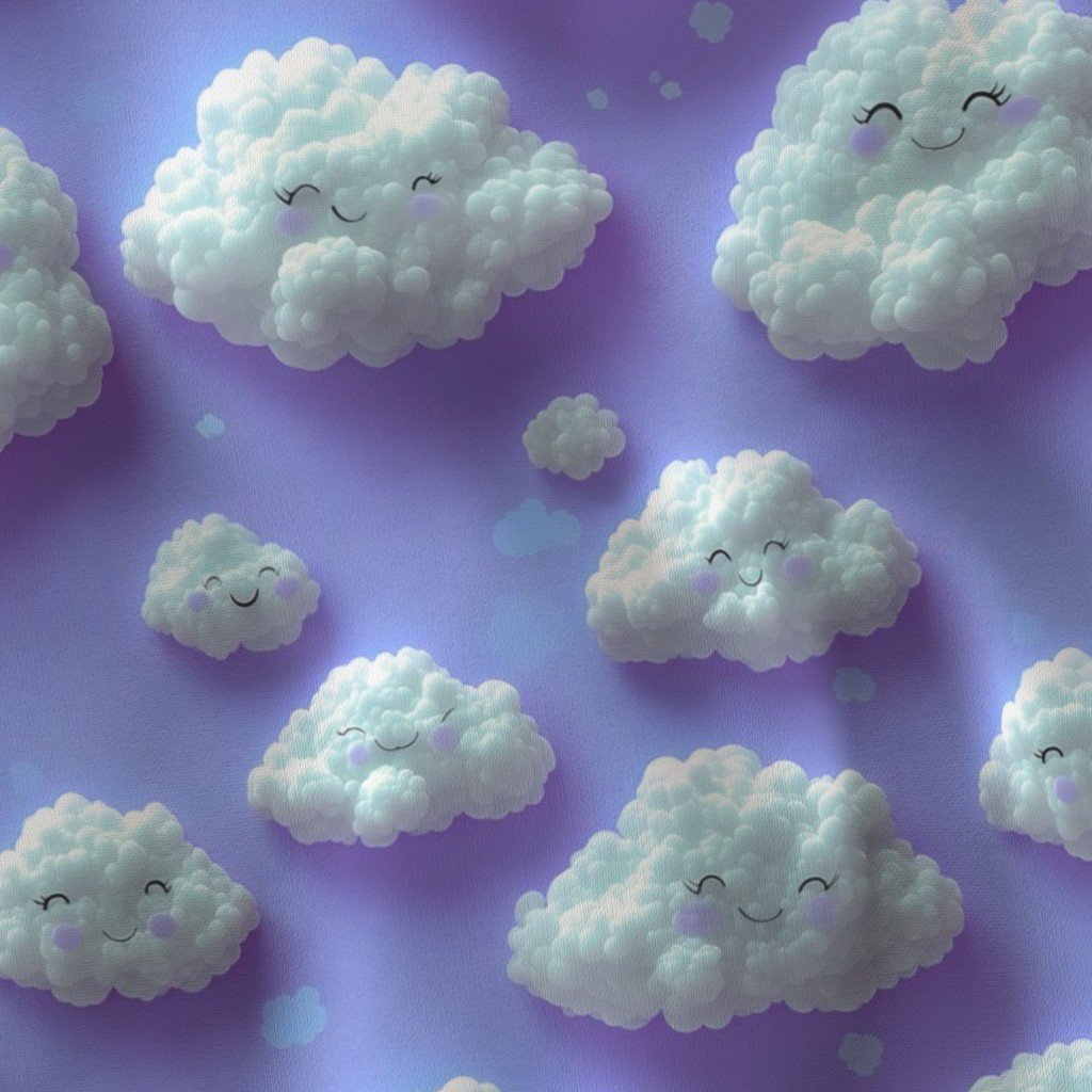 Fluffy Happy Clouds on Soft Lavender Background for Kids Room Decor