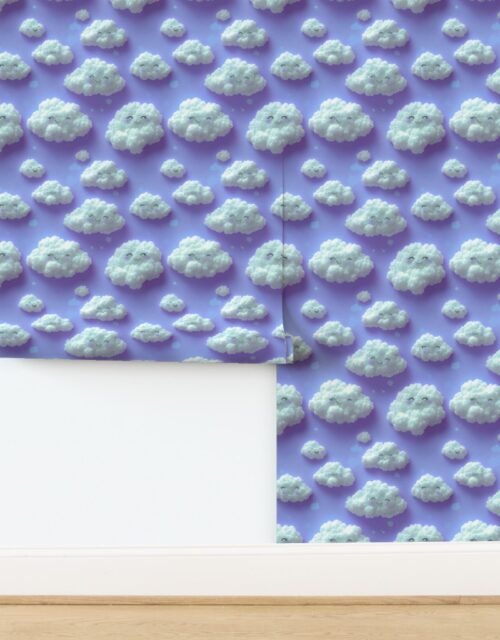 Fluffy Happy Clouds on Soft Lavender Background for Kids Room Decor Wallpaper