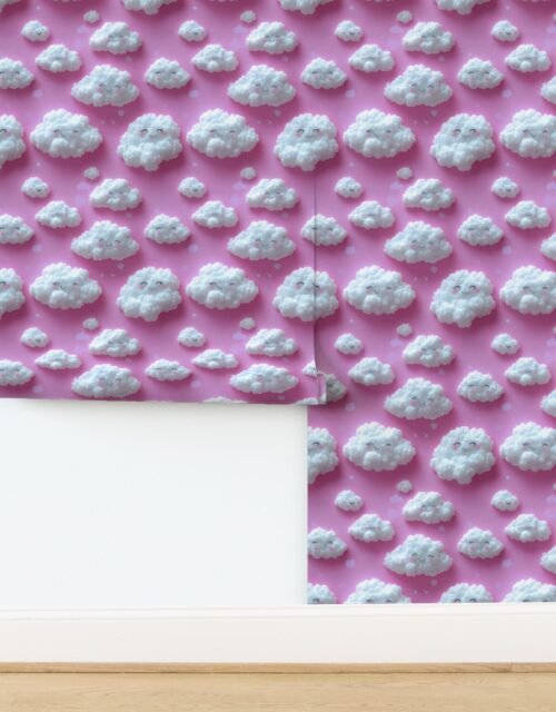 Fluffy Happy Clouds on Bright Pink Background for Kids Room Decor Wallpaper