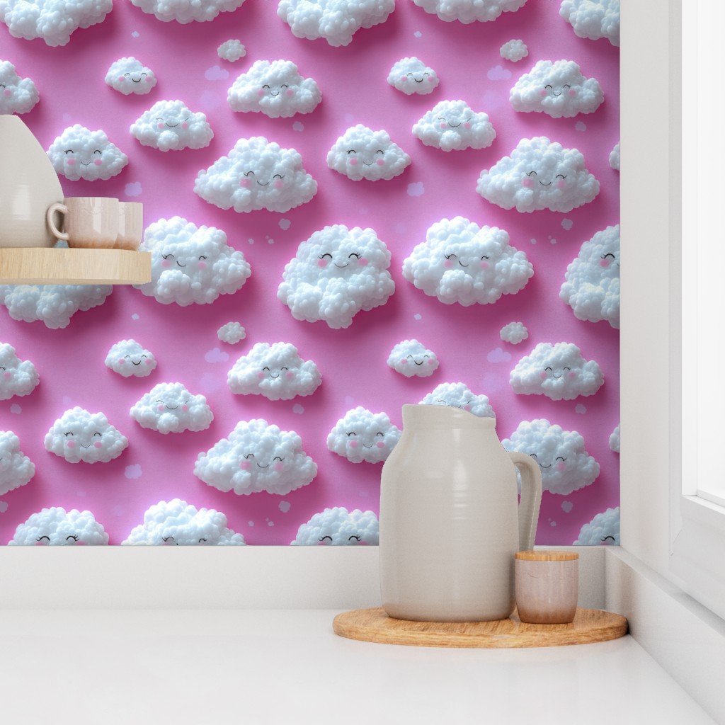 Fluffy Happy Clouds on Bright Pink Background for Kids Room Decor Wallpaper