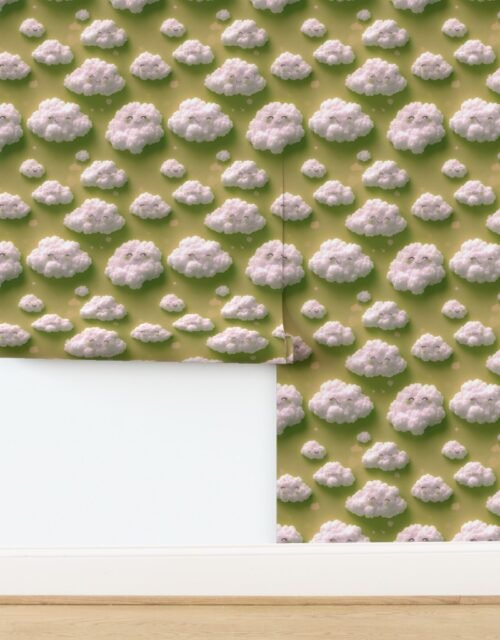 Fluffy Happy Clouds on Soft Lime Green Background for Kids Room Decor Wallpaper