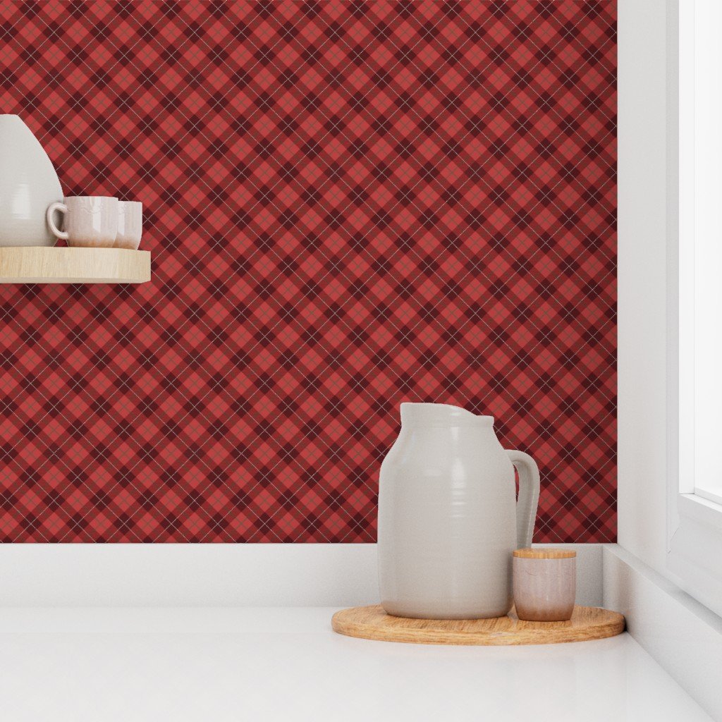 Faded Vintage Cranberry Red Green and White Seasonal Christmas Tartan Check Wallpaper