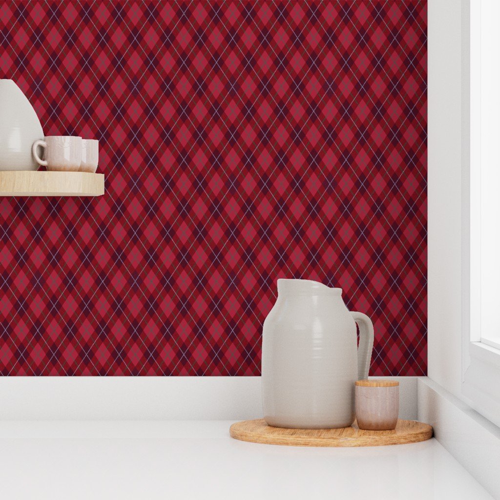 Cranberry Red Green and White Argyle Christmas Plaid Wallpaper