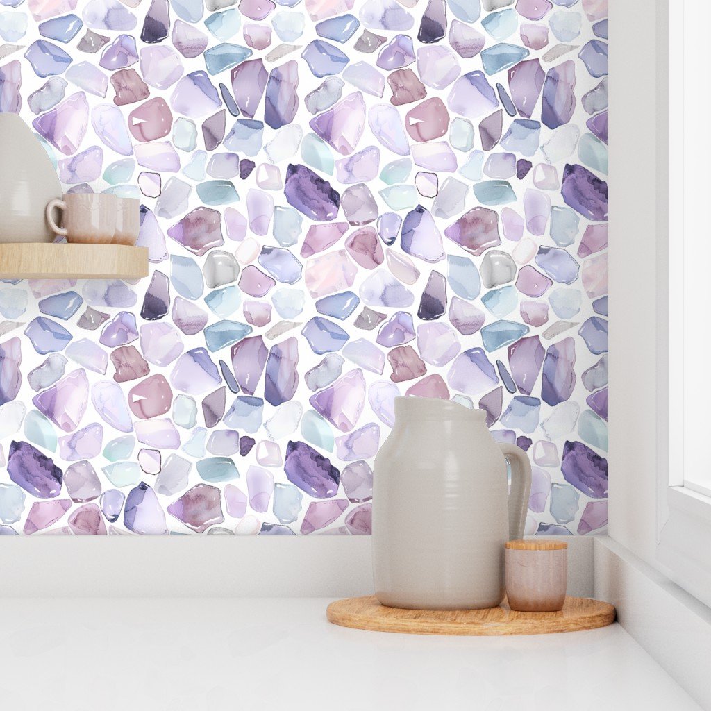 Lavender and Blue Shards of Tumbled and Scattered Watercolor Seaglass Wallpaper