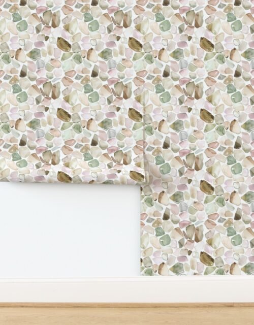 Beige and Green Shards of Tumbled and Scattered Watercolor Seaglass Wallpaper