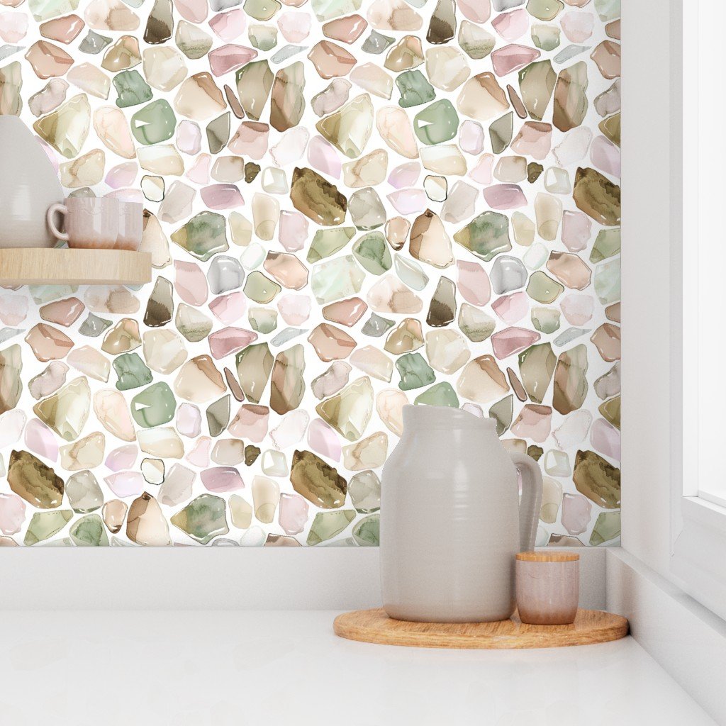 Beige and Green Shards of Tumbled and Scattered Watercolor Seaglass Wallpaper