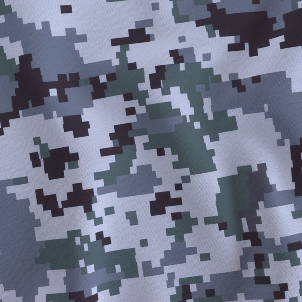 Fabric in Digital Camouflage Pixellated Swatches of Slate Grey Navy Blue and Black Fabric