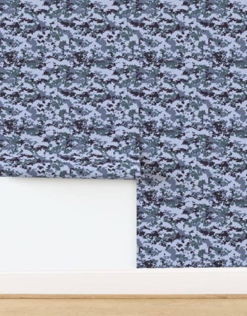 Digital Camouflage Pixellated Swatches of Slate Grey Navy Blue and Black Wallpaper