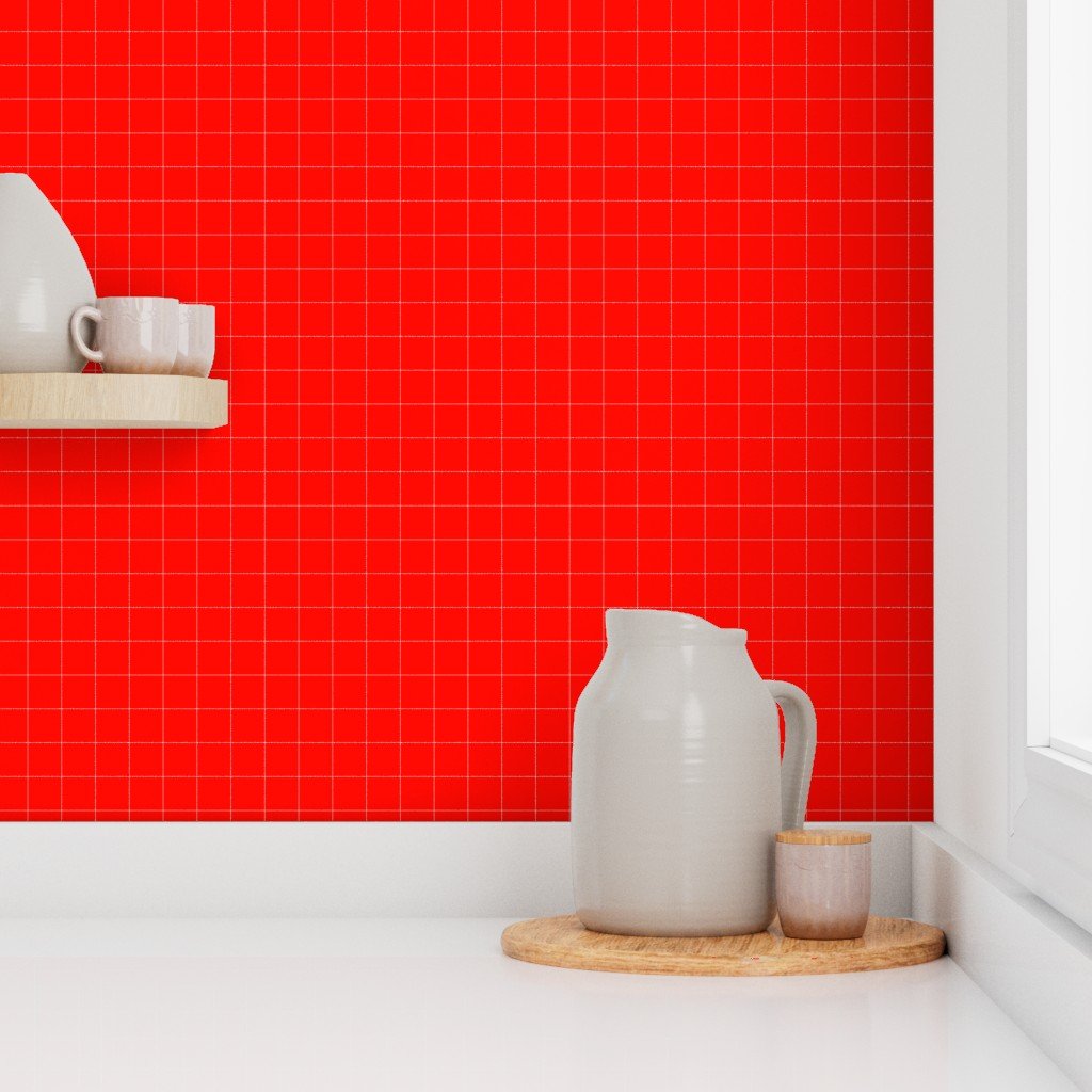 1 Inch Grid Line Pattern with White Lines on Candy Red Wallpaper