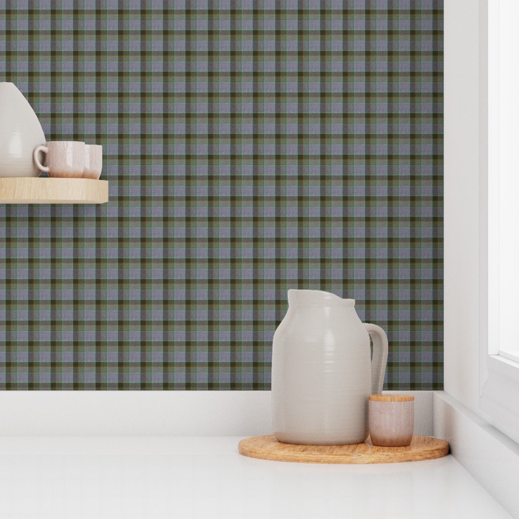 Fraser Weathered Wool Scottish Tartan with Moss Green and Slate Blue Accent Wallpaper