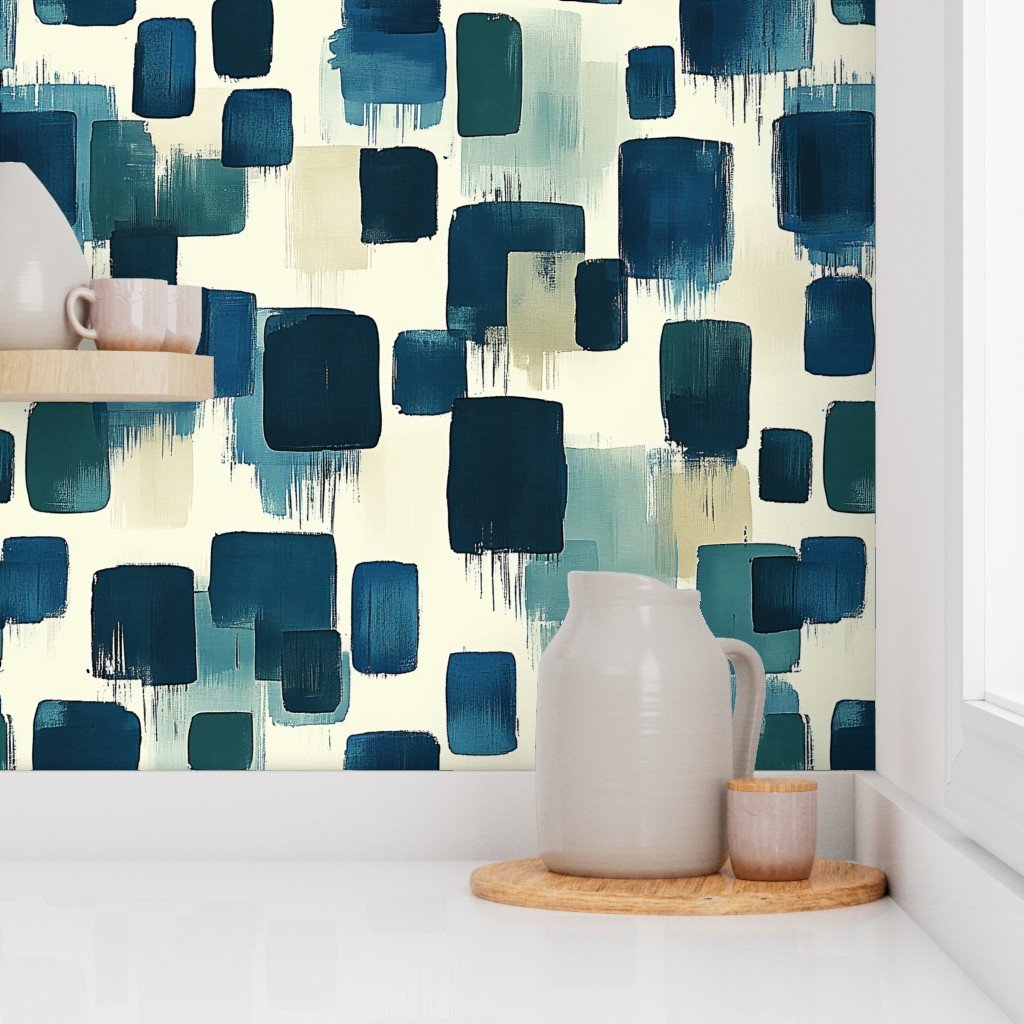 Large Abstract Brushstroke City Blocks in Deep Blue and Teal Wallpaper