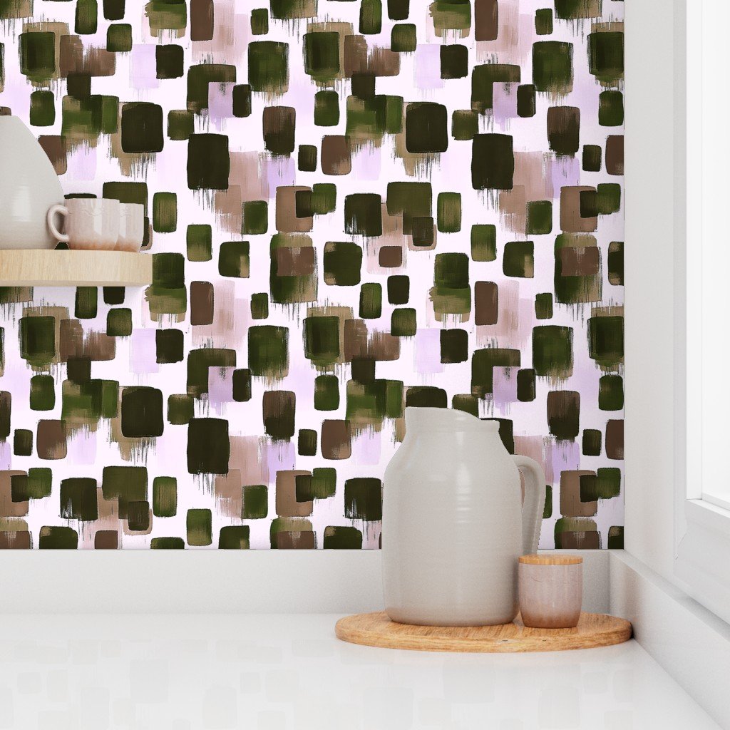 Abstract Earthy Brushstroke Blocks in Green and Brown Wallpaper