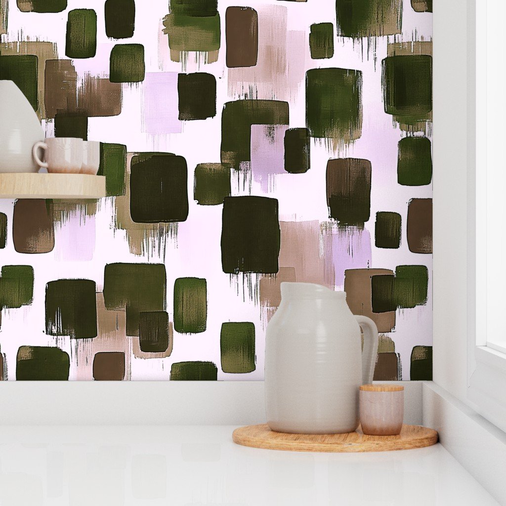 Large Abstract Earthy Brushstroke Blocks in Green and Brown Wallpaper
