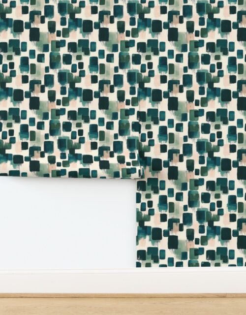 Abstract Earthy Brushstroke Blocks in Teal and Soft Peach Wallpaper