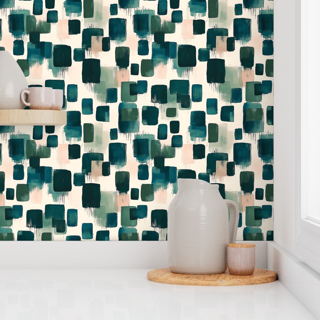 Abstract Earthy Brushstroke Blocks in Teal and Soft Peach Wallpaper