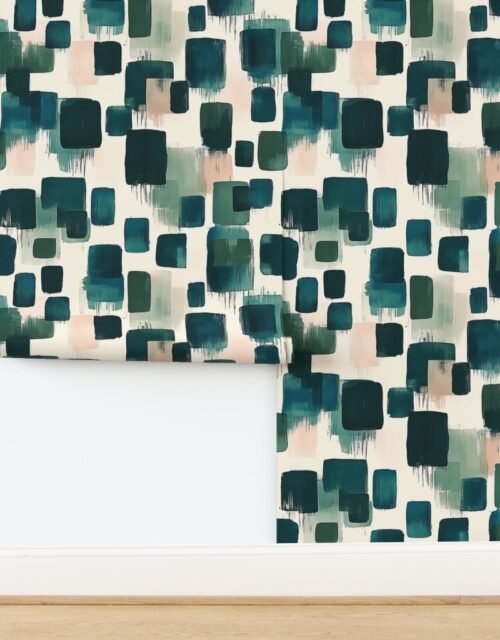 Large Abstract Earthy Brushstroke Blocks in Teal and Soft Peach Wallpaper