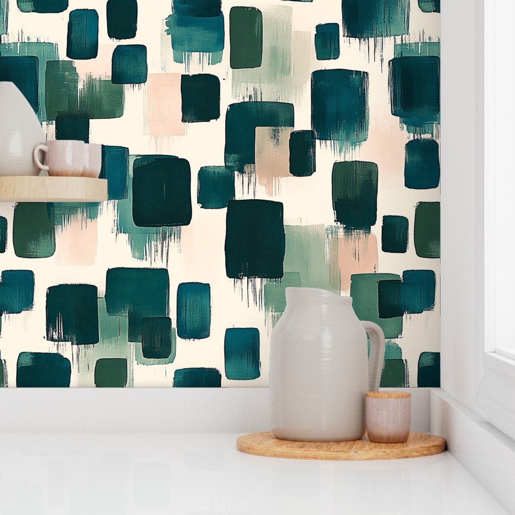 Large Abstract Earthy Brushstroke Blocks in Teal and Soft Peach Wallpaper