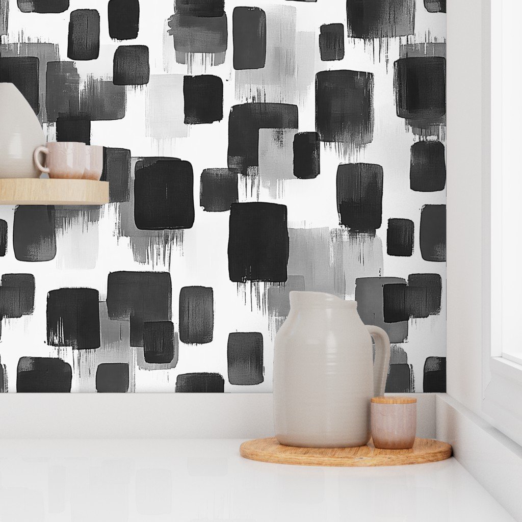 Large Abstract Monochrome Brushstroke Blocks in Black White and Gray Wallpaper