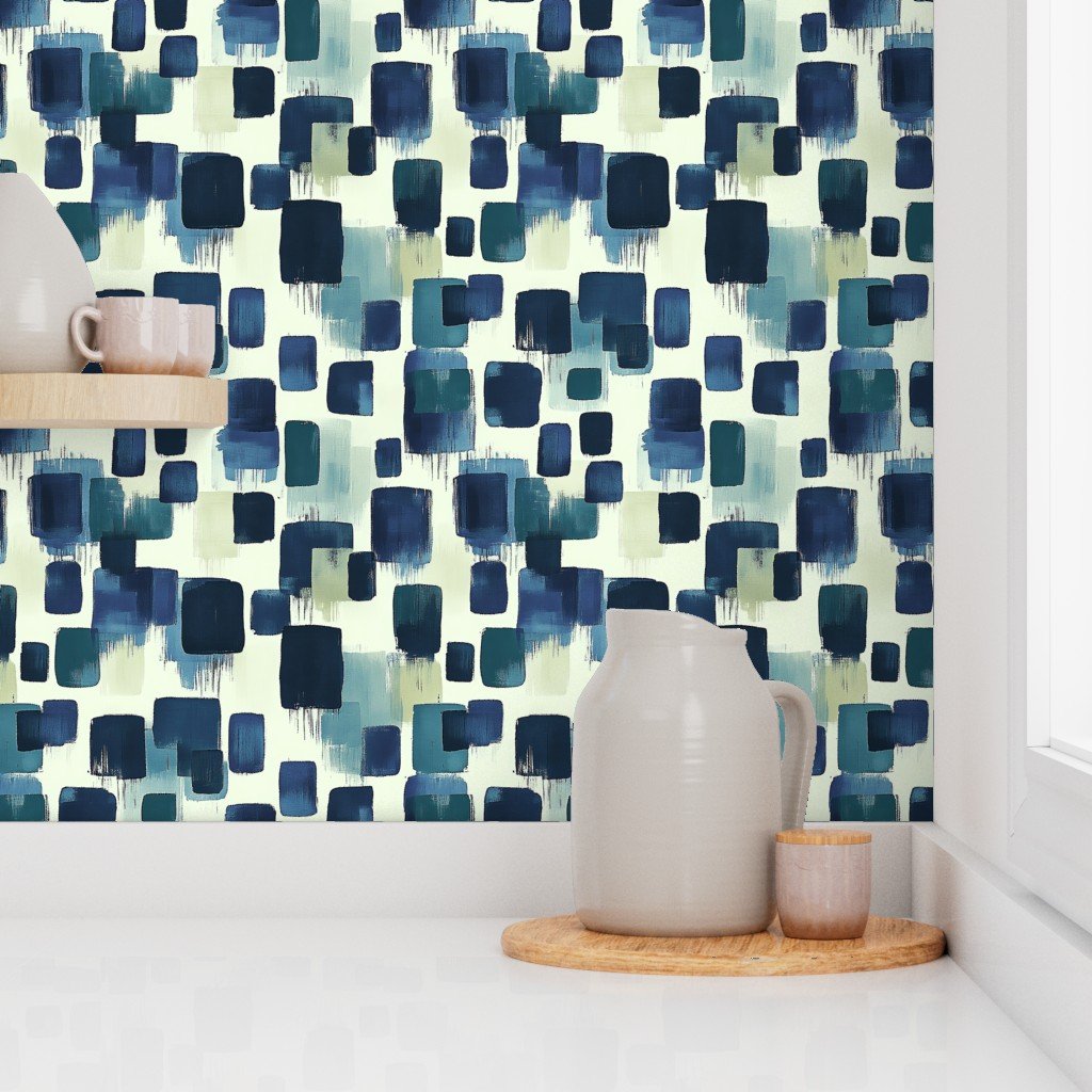 Abstract Brushstroke Blocks in Navy Teal and Soft Cream Wallpaper