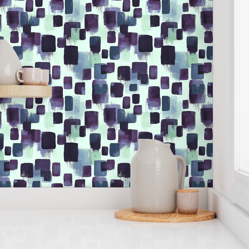 Abstract Brushstroke Blocks in Purple Teal and Cream Wallpaper