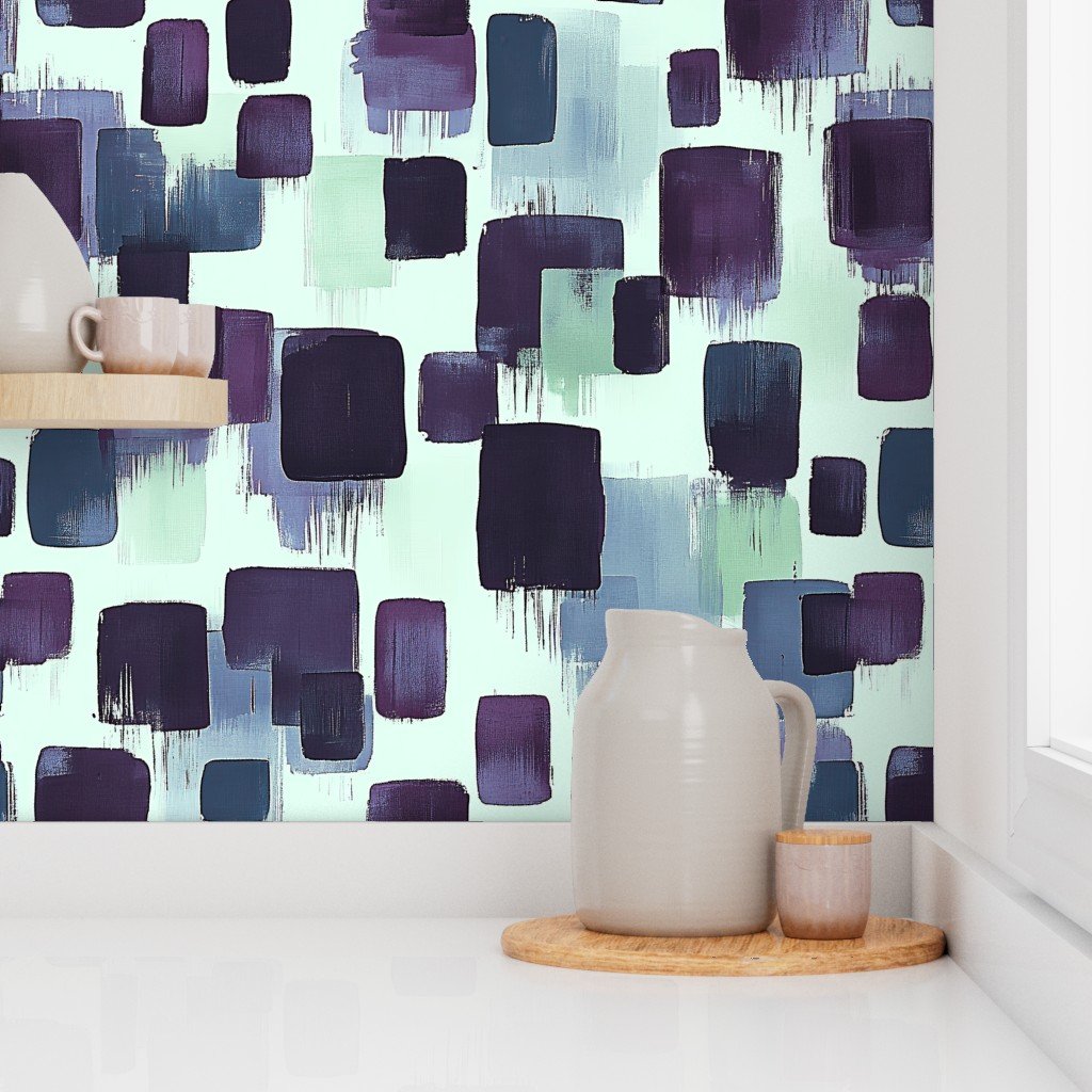 Large Abstract Brushstroke Blocks in Purple Teal and Cream Wallpaper