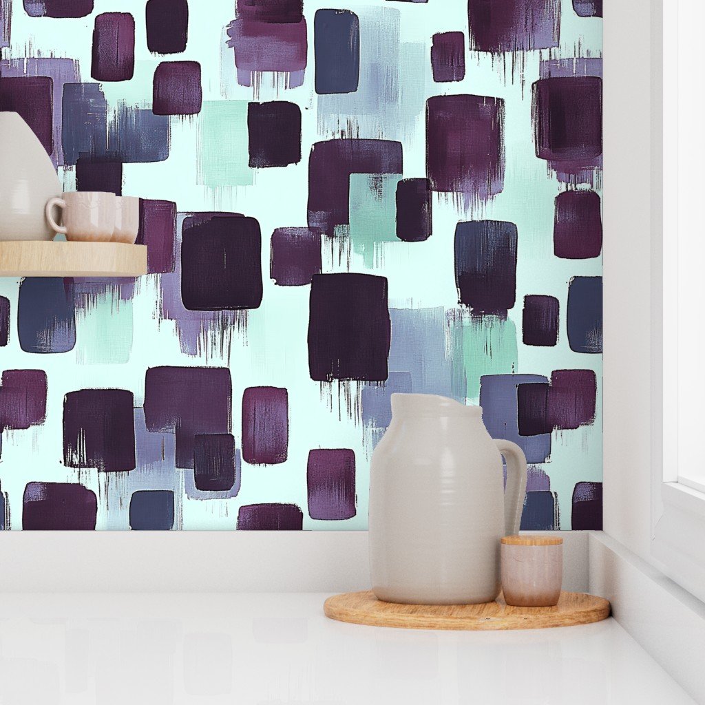 Large Abstract Brushstroke Blocks in Purple Teal and Soft Mint Wallpaper