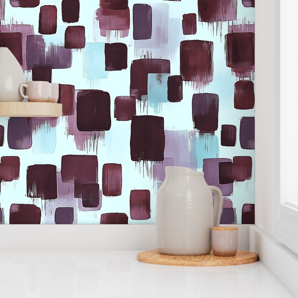 Large Abstract Brushstroke Blocks in Burgundy Lavender and Soft Mint Wallpaper