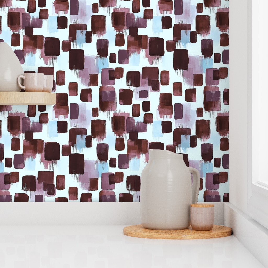 Abstract Brushstroke Blocks in Burgundy Lavender and Sky Blue Wallpaper
