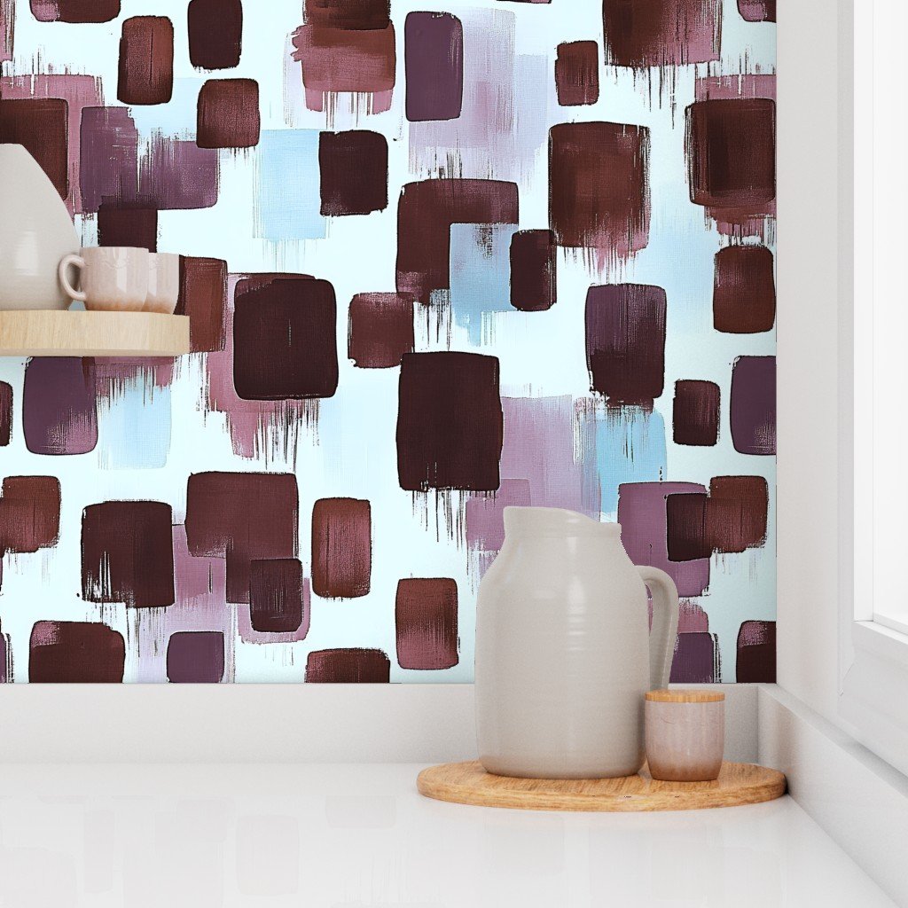 Large Abstract Brushstroke Blocks in Burgundy Lavender and Sky Blue Wallpaper