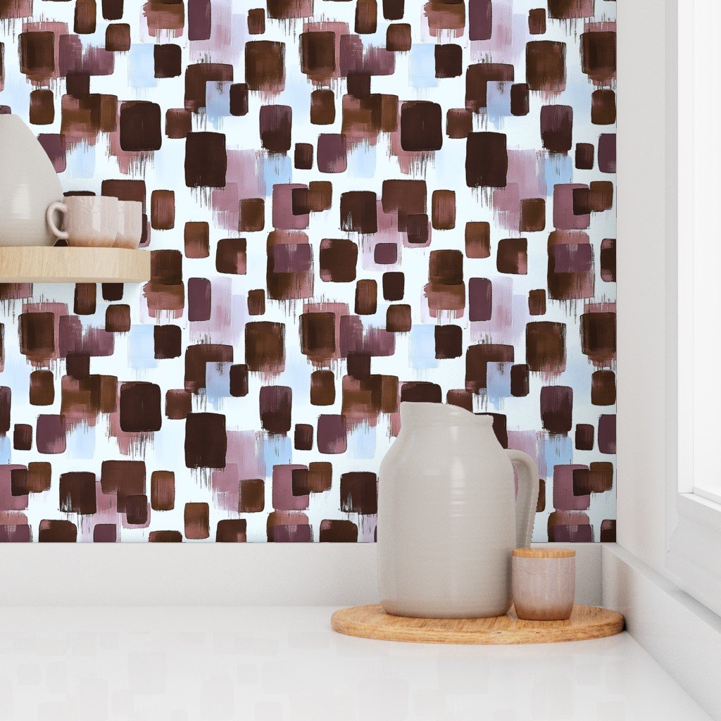 Abstract Brushstroke Blocks in Brown Rosewood and Sky Blue Wallpaper