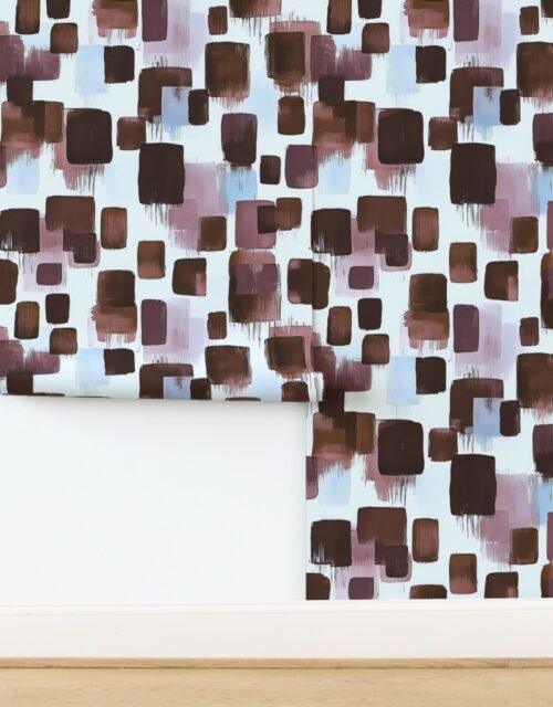 Large Abstract Brushstroke Blocks in Brown Rosewood and Sky Blue Wallpaper
