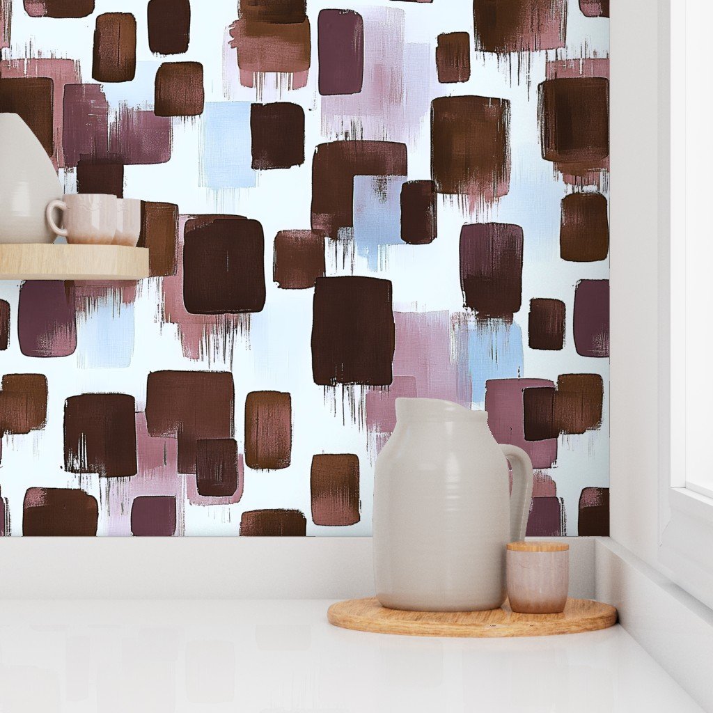 Large Abstract Brushstroke Blocks in Brown Rosewood and Sky Blue Wallpaper