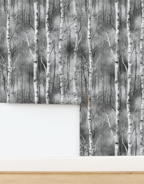 Endless Silver Birch Tree Dreamscape in Misty Black and White Wallpaper